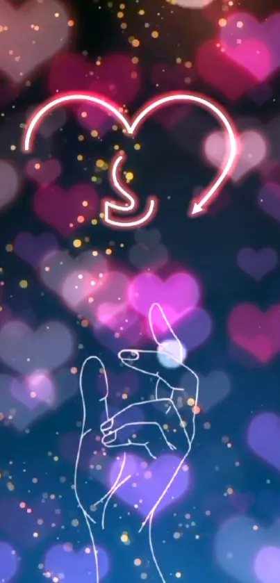 Neon heart wallpaper with bokeh lights and hand illustration.