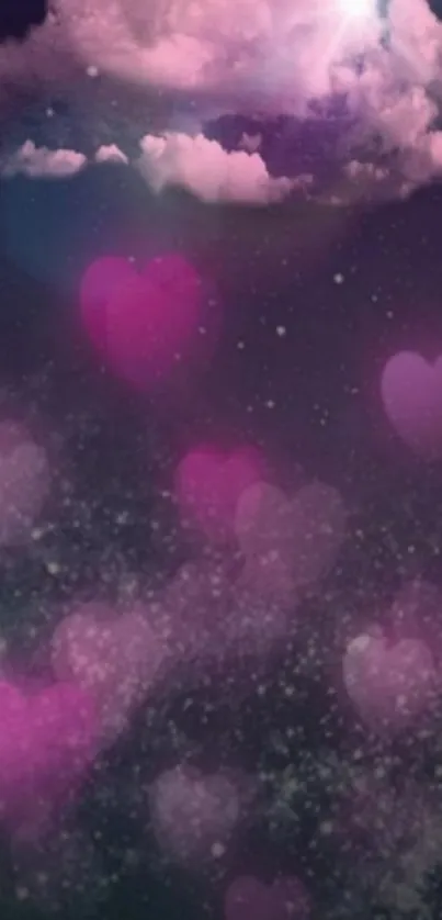 Dreamy dark purple wallpaper with pink hearts and clouds.