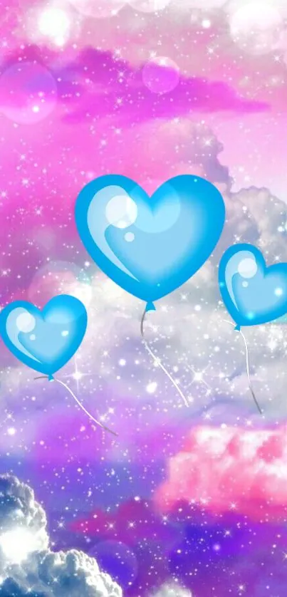 Blue heart balloons in a pink sky with clouds and stars wallpaper.