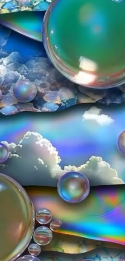 Holographic sky with iridescent bubbles floating among clouds.