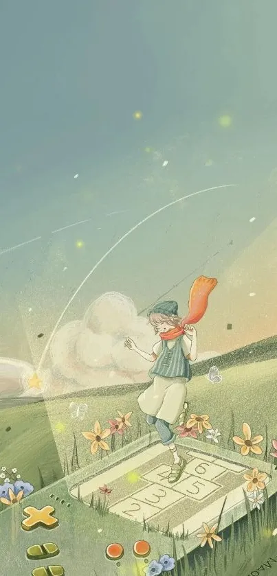 Child plays hopscotch in a dreamy, scenic landscape with flowers and a bright sky.