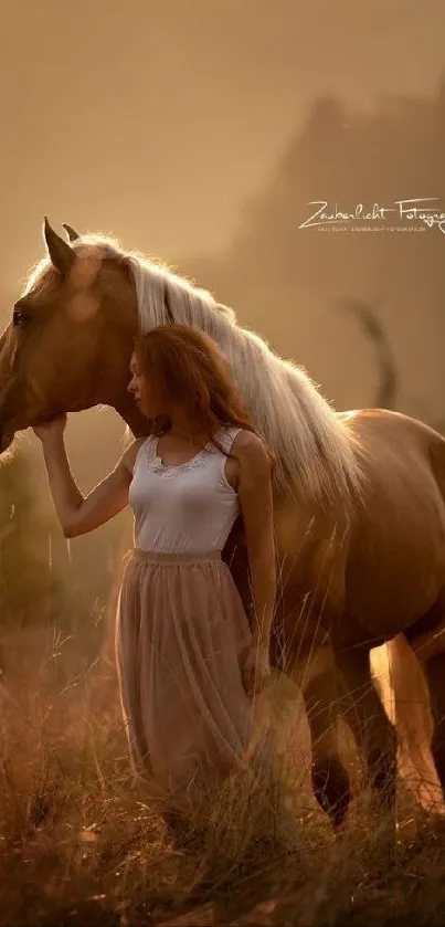 Woman gently stands beside a horse at sunset, enveloped in golden glow.