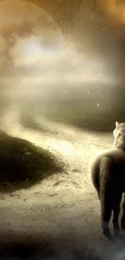 A horse walking down a dreamy path at night, under a mystical sepia sky.