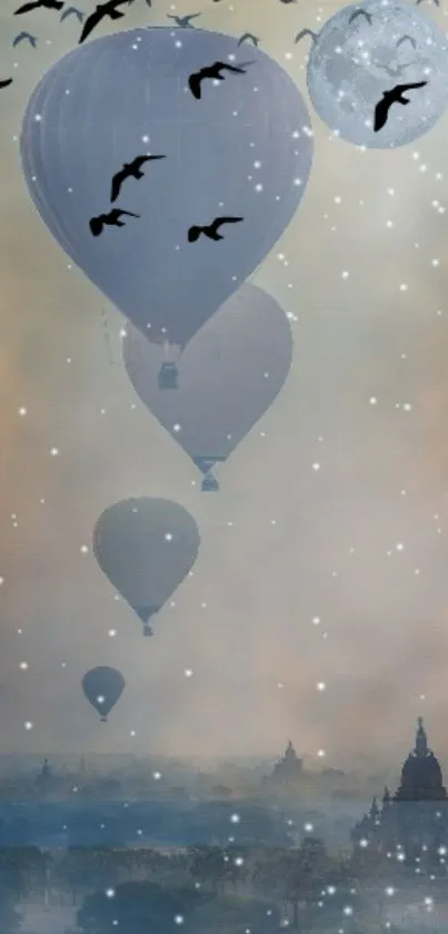 Enchanting view of hot air balloons floating in a moonlit sky with birds.