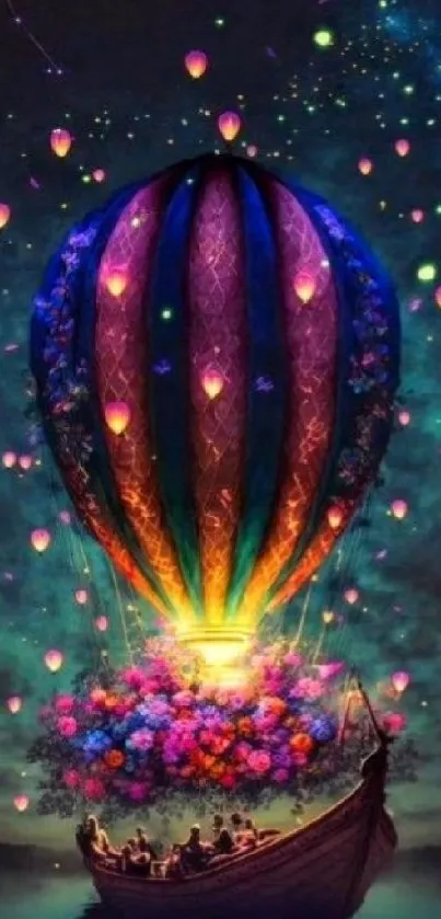 Colorful hot air balloon in a starry sky.