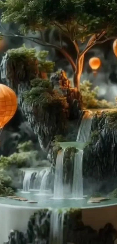 Enchanting scene with hot air balloons over waterfalls.