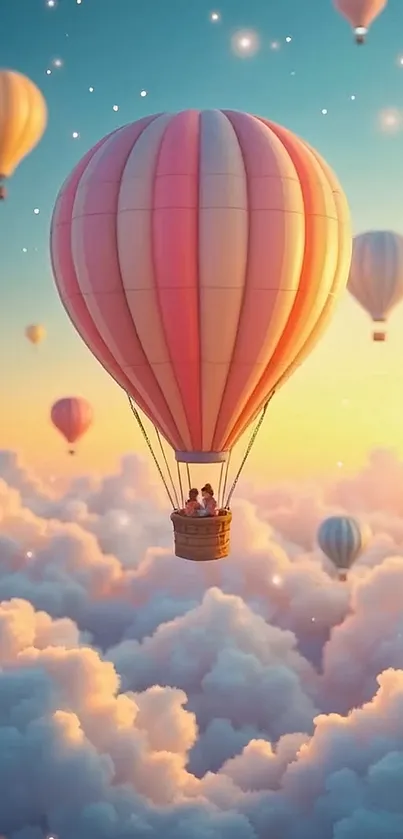 Pink hot air balloons floating above fluffy clouds at sunset.