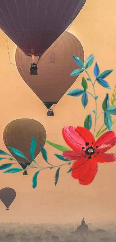 Hot air balloons with a floral overlay in the orange sky.