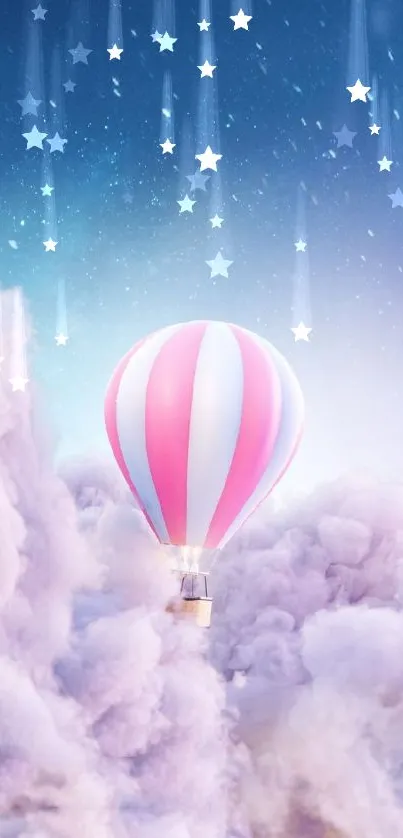 Dreamy hot air balloon floats above pastel clouds in a serene, star-filled sky.