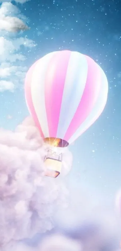 Pastel hot air balloons floating in a starry sky with fluffy clouds.