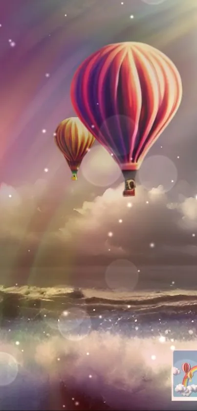 Dreamy wallpaper of hot air balloons over misty clouds with a violet hue.