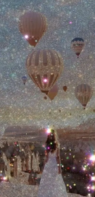 Woman in white dress gazing at hot air balloons against a sparkling sky.