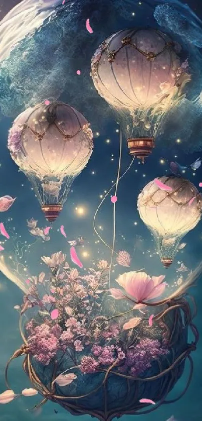 Dreamlike scene with floating balloons and flowers in a magical sky.