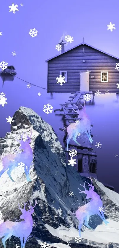 Dreamy wallpaper with house, glowing deer, and mountain in blue tones.