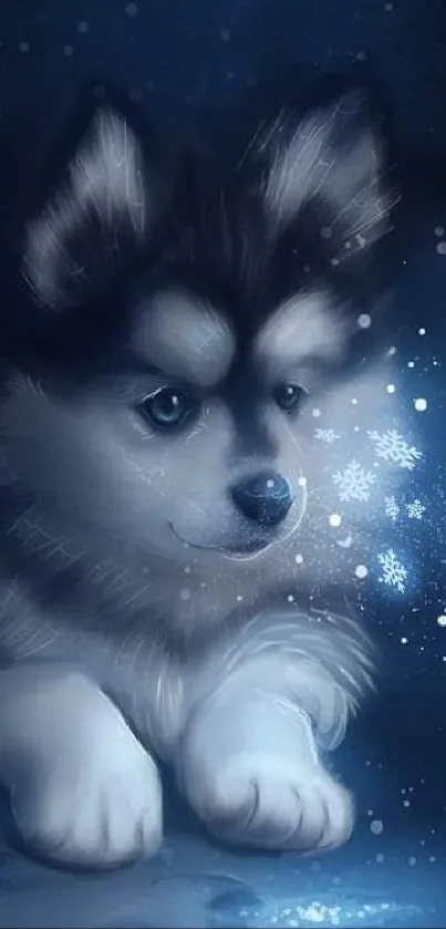 Dreamy husky puppy with stars in blue night setting.