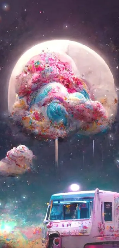 Dreamy cosmic scene with an ice cream truck under a colorful moon and clouds.