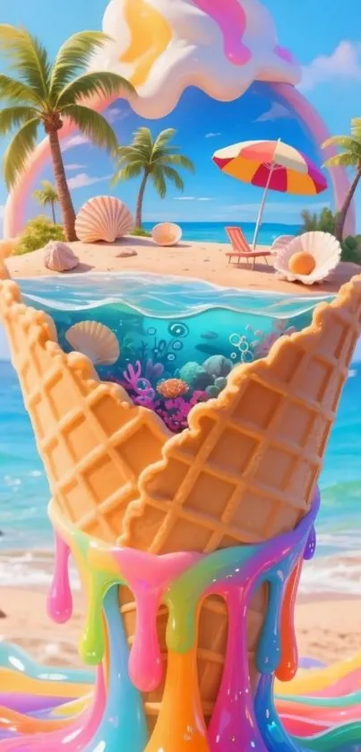 Surreal ice cream cone with tropical beach theme.