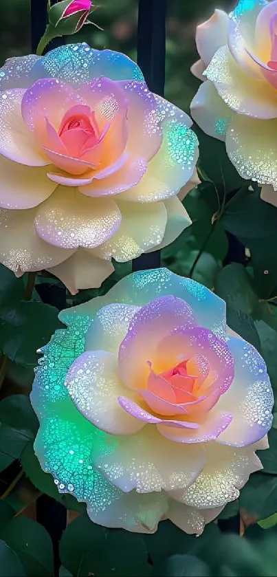 Dreamy iridescent roses with dewdrops, vibrant petals and leaves.