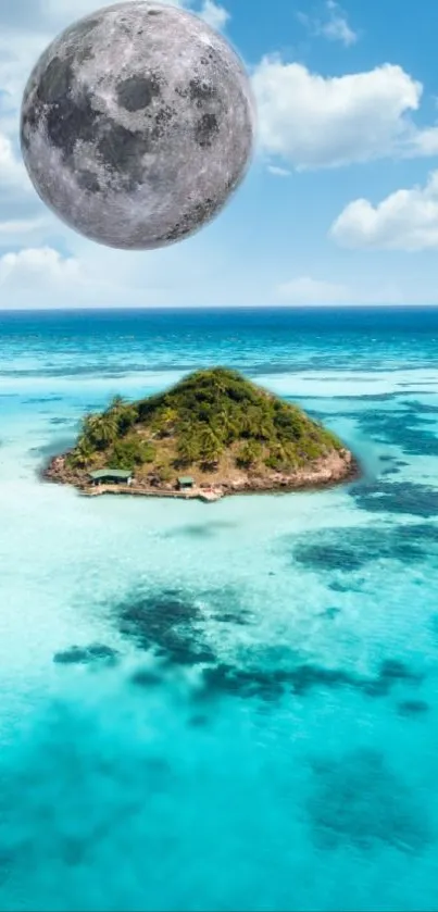 Tropical island under a large moon with turquoise ocean and blue sky.