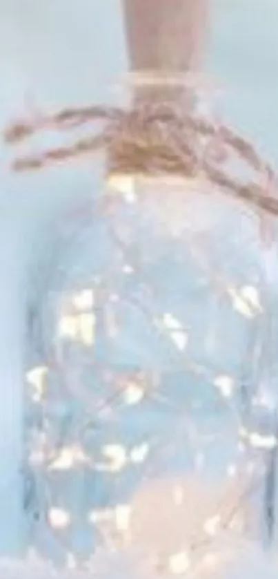 Glass jar filled with lights on soft blue background wallpaper.