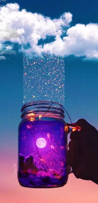 Hand holding jar under cloud with purple hues and sunset sky.