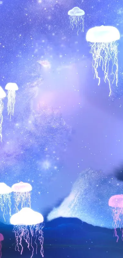 Mobile wallpaper with glowing jellyfish in a cosmic ocean setting.