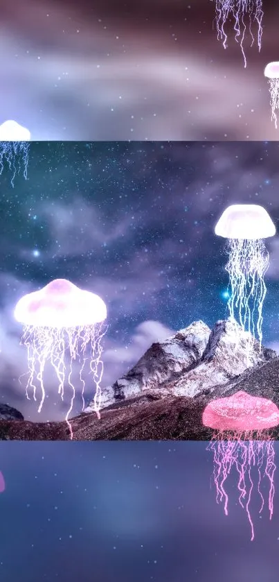 Surreal wallpaper with floating jellyfish over a mountain landscape.