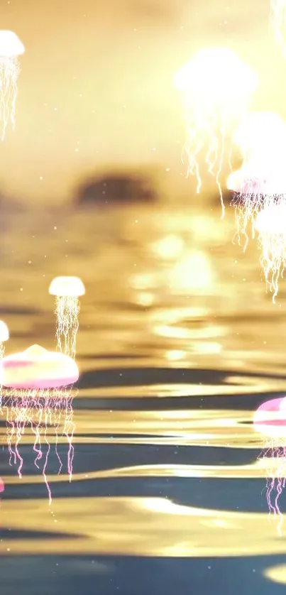 Dreamy ocean view with glowing jellyfish at sunset.