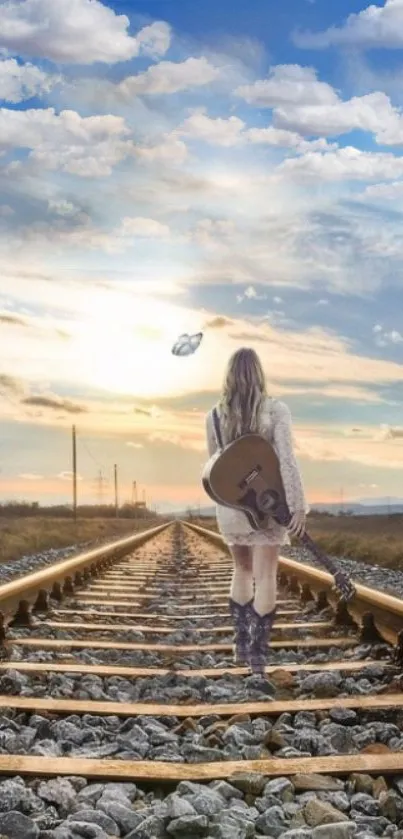 A dreamy scene of a person walking with a guitar on railway tracks under a vibrant sky.