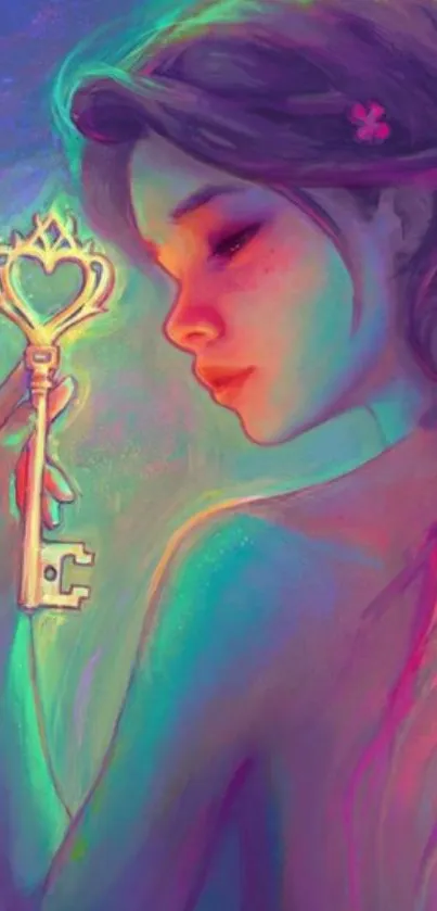 Dreamy illustration of a girl holding a glowing key with vibrant colors.