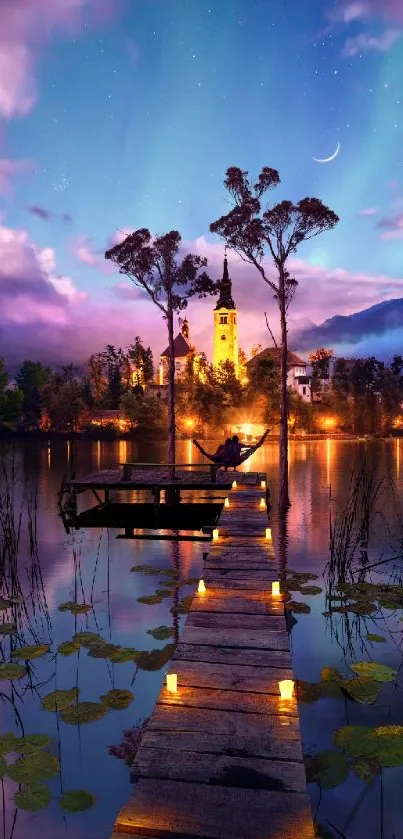 Serene evening lake view with dock and moon.