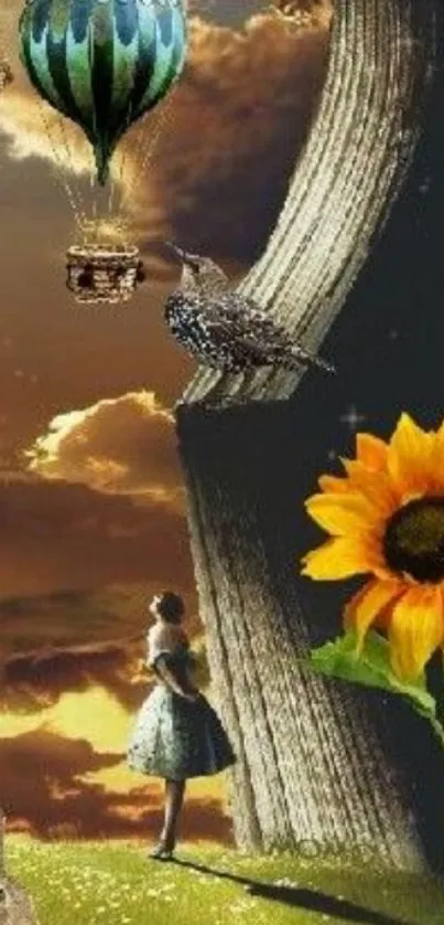 Fantasy art wallpaper with hot air balloons and sunflowers in a surreal landscape.