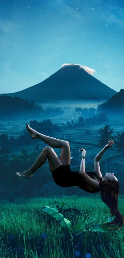 Surreal image of a floating figure against a mystical mountain and starry night sky.