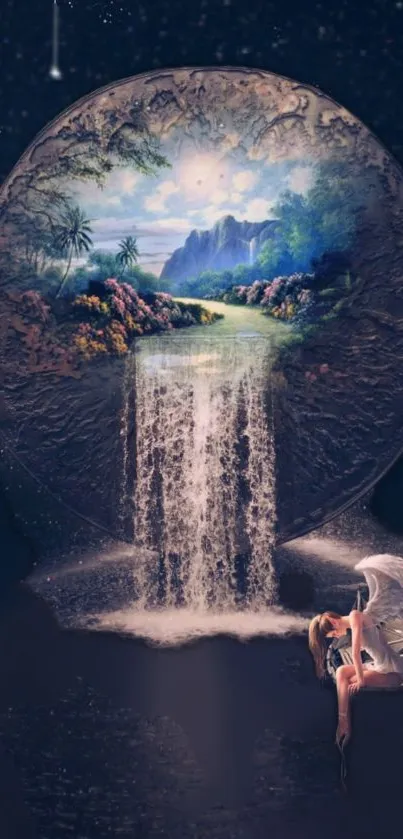 Ethereal landscape with a waterfall and angel wings in a dreamlike setting.