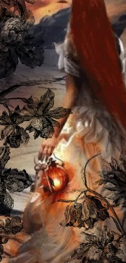 Artistic wallpaper with a woman holding a glowing lantern and dark floral elements.