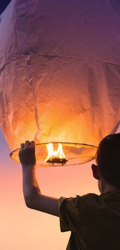 A child holds a glowing paper lantern against a vibrant sunset sky.