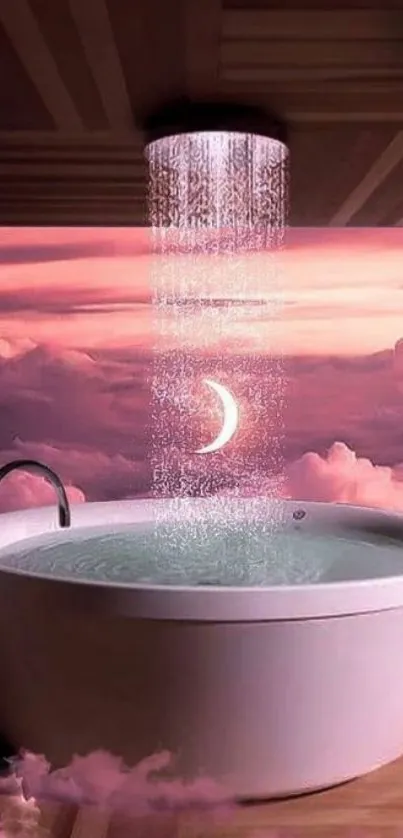 Dreamy bathroom with pink clouds and crescent moon.