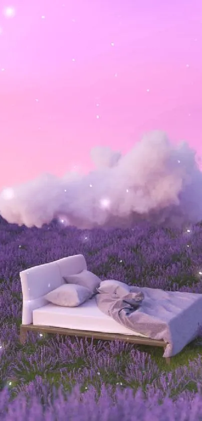 Surreal lavender field with a bed under a vibrant purple sky.