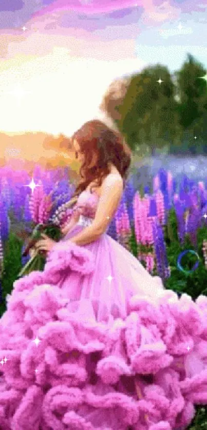 Woman in pink dress standing in a lavender field at sunset.