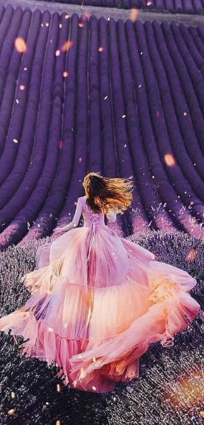 Woman in flowing dress in lavender field, dreamy landscape.