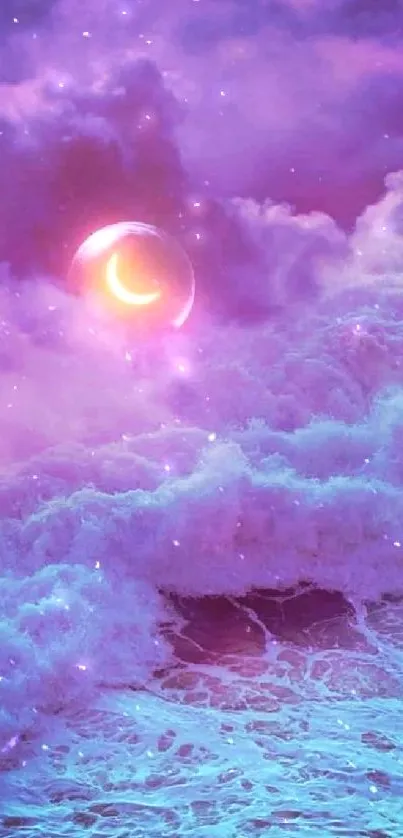 Dreamy lavender ocean wave with moon.