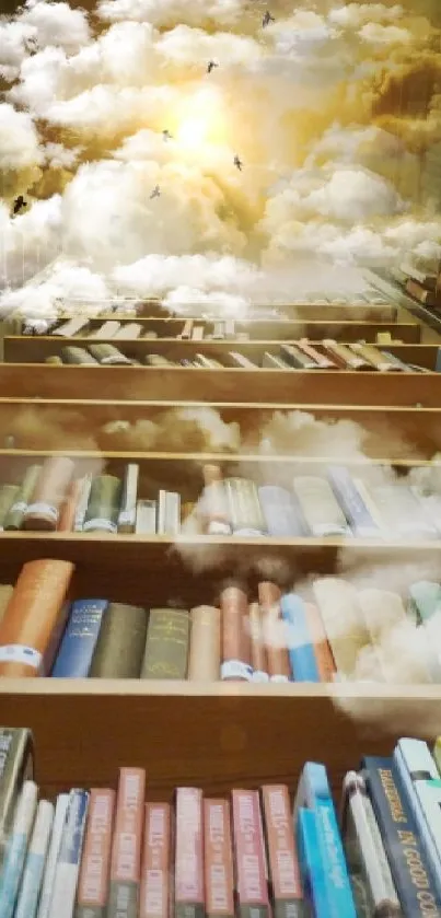 Surreal library with floating clouds and books in warm light.