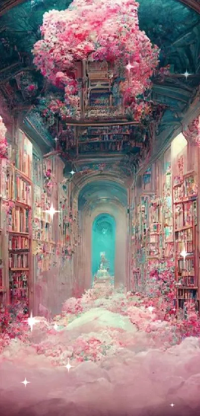 Dreamy library with pink blossoms and mystical art atmosphere.