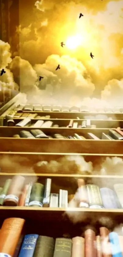 Surreal library with sunrise and clouds, birds flying.