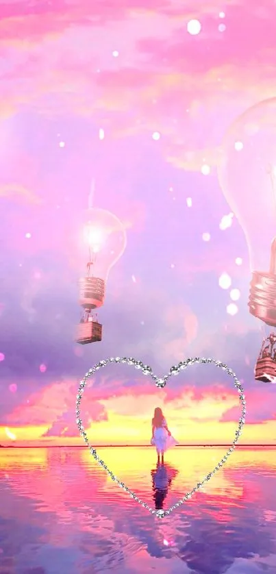 Dreamy sunset with floating bulbs and heart in pink hues.