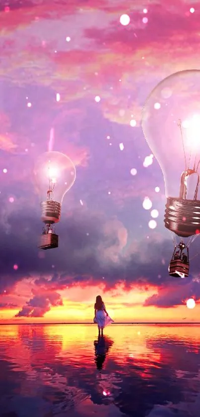 Dreamy sunset scene with floating light bulbs and water reflection.