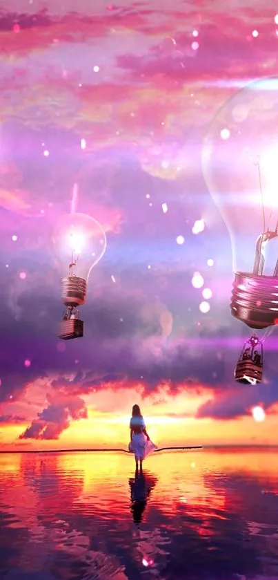 Floating lightbulbs in a dreamy sunset fantasy landscape.