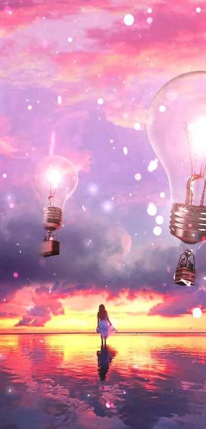 Surreal scene with floating lightbulbs over a vibrant, purple-pink sunset reflection.