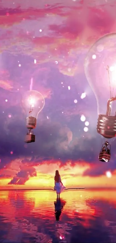 Floating lightbulbs over a purple ocean at sunset.