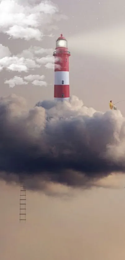 Surreal wallpaper with a lighthouse on a cloud, offering a dreamy and ethereal vibe.